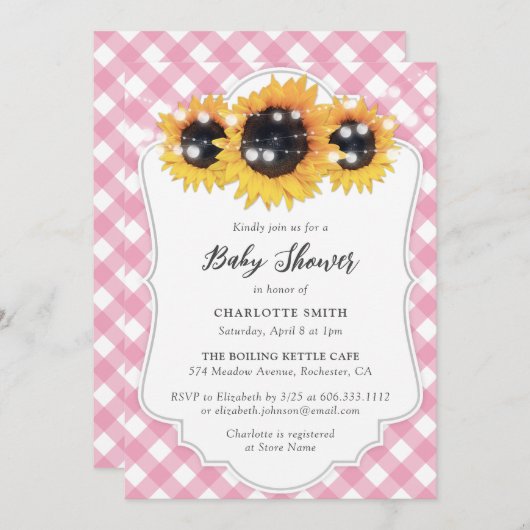 Roze Baby shower van Gingham Sunflower Kaart (Voorkant / Achterkant)