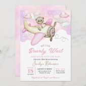 Roze Baby shower van het vliegvliegtuig dat Teddy  Kaart (Voorkant / Achterkant)