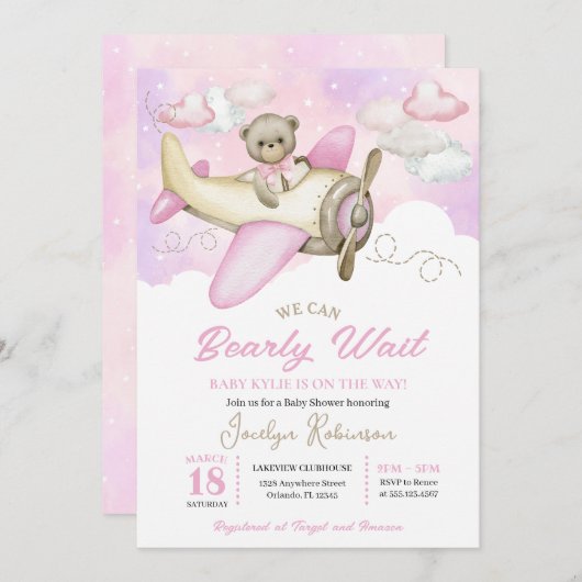 Roze Baby shower van het vliegvliegtuig dat Teddy  Kaart (Voorkant / Achterkant)