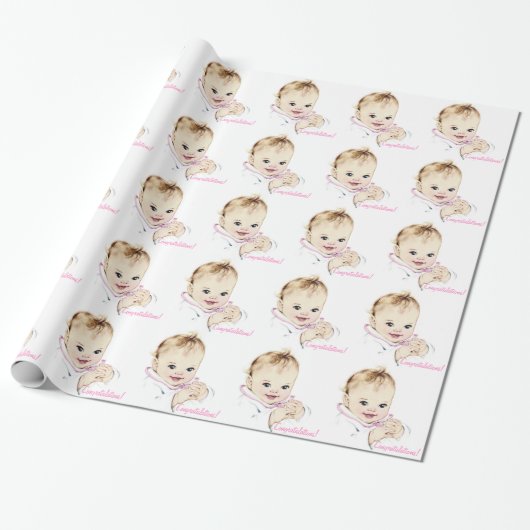 roze Baby showers inpakpapier (Uitgerold)