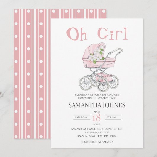 Roze baby stroller Blossom Baby shower Kaart (Voorkant / Achterkant)