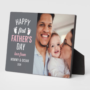 Roze Baby Voetafdruk Happy 1st Vaderdag Foto Fotoplaat