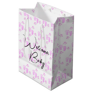 Roze Baby voetafdrukken en harten op wit Medium Cadeauzakje