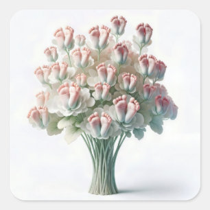 Roze Baby Voeten Bloemen Boeket Vierkante Sticker