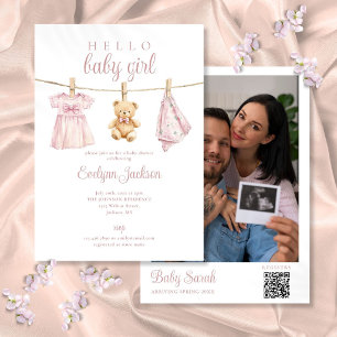 Roze babykleertjeslijn baby shower foto QR-code Kaart