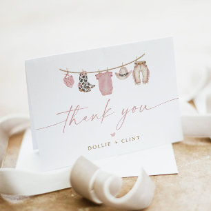 Roze babykleertjeslijn Little Cowgirl baby shower Bedankkaart