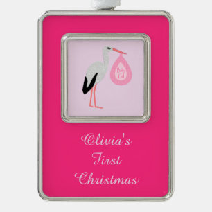 roze babymeisje Eerste Kerstmis Verzilverd Kader Ornament