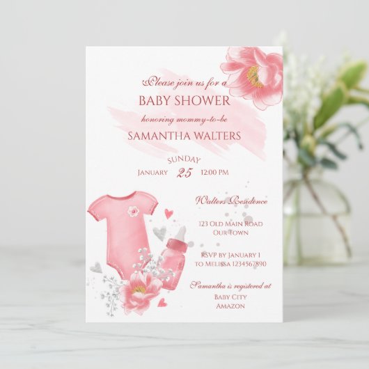 Roze babymeisje romper fles bloemen baby shower kaart (Staand voorkant)
