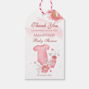 Roze babymeisje romper flesbloemen baby shower cadeaulabel