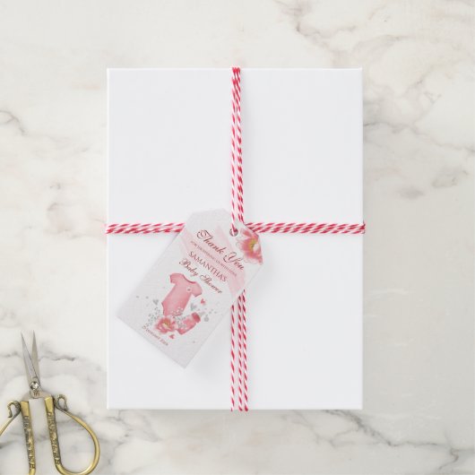 Roze babymeisje romper flesbloemen baby shower cadeaulabel (Met Touw)