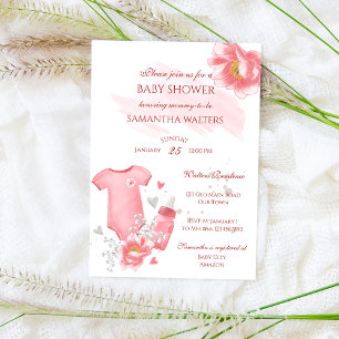 Roze babymeisje romper flesbloemen baby shower kaart