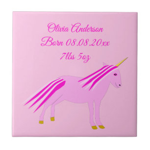 roze babymeisje Unicorn - Aangepaste geboorte Tegeltje