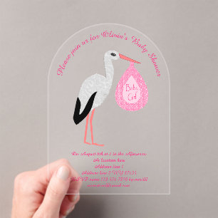  Roze babymeisje Winkel Aangepast Baby shower Acryl Uitnodigingen