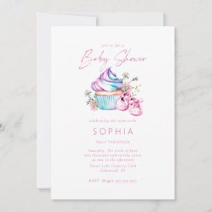 Roze babyschoenen, cupcake en bloemen Baby Shower Kaart