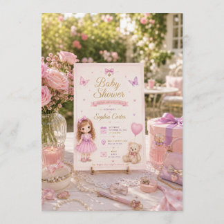 Roze babyshoweruitnodiging met knappe meisje save the date