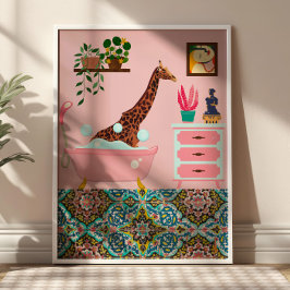 Roze badende Giraffe Wall Art Print Perfect Poster
