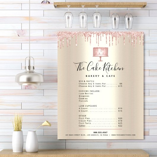 Roze bakkerij Glitter Drip Gold Menu Prijslijst Poster