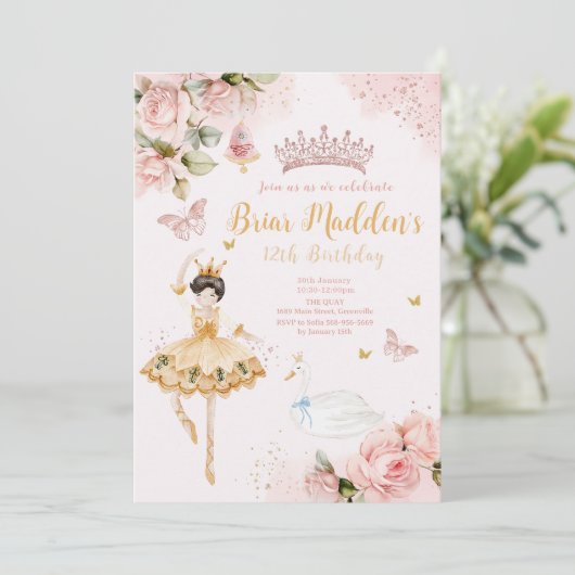 Roze Ballerina Bloemen Verjaardagsuitnodiging Kaart (Staand voorkant)