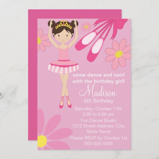Roze Ballerina Dance Party Verjaardag Uitnodiging  (Voorkant / Achterkant)