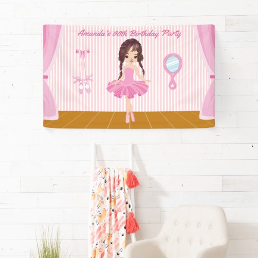 Roze Ballerina met de naam Birthday Party geperson Spandoek (Insitu)