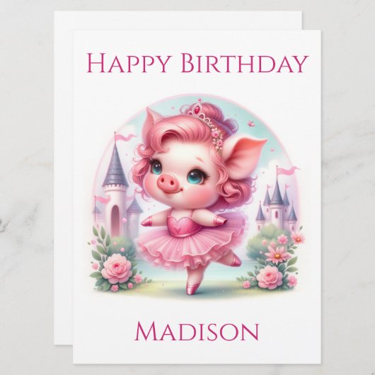 Roze Ballerina Pig Verjaardag Kaart (Voorkant / Achterkant)