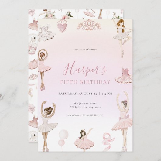 Roze Ballet Ballerina Verjaardagsfeest Uitnodiging (Voorkant / Achterkant)