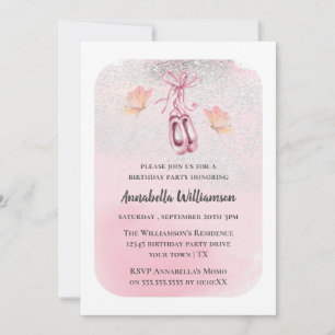 Roze ballet schoenen & vlinder verjaardagsfeestje kaart