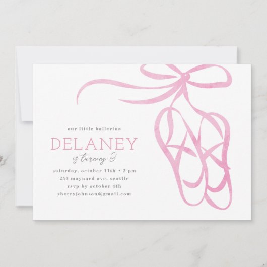 Roze Ballet Slippers Verjaardagsfeest Uitnodiging (Voorkant)