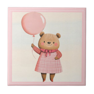 Roze ballon Beer met Plaid Outfit Tegeltje