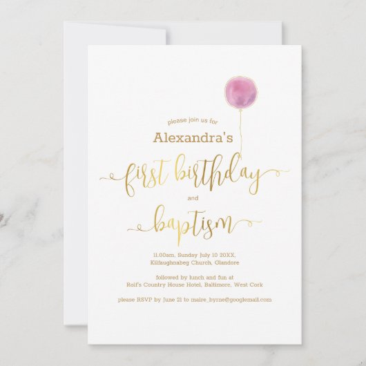 Roze ballon doop & 1e verjaardag gouden script kaart (Voorkant)