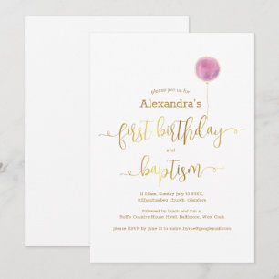 Roze ballon doop & 1e verjaardag gouden script kaart