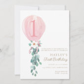 Roze ballon eerste verjaardag kaart (Voorkant)