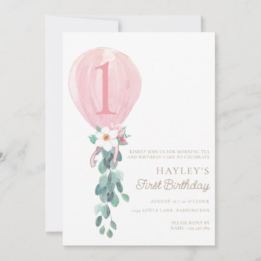 Roze ballon eerste verjaardag kaart (Voorkant)