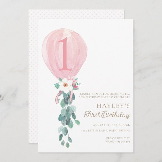 Roze ballon eerste verjaardag kaart (Voorkant / Achterkant)