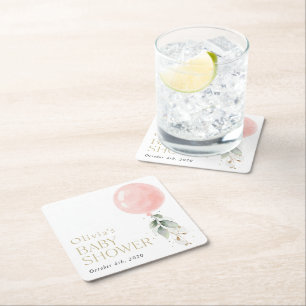 Roze ballon, Eucalyptus, Griekenland, Baby shower Vierkante Kartonnen Onderzetter