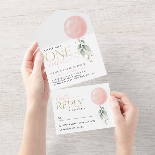 Roze ballon, eucalyptus, groen, eerste verjaardag all in one uitnodiging (Afscheurbaar)