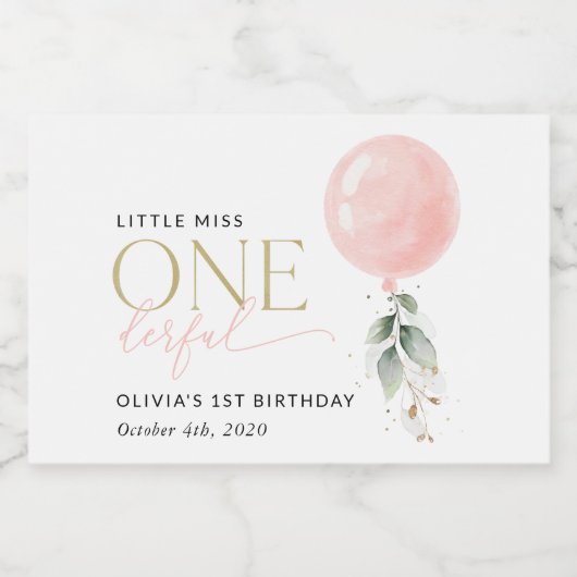 Roze ballon, eucalyptus, groen, eerste verjaardag sparkling wijnetiket (Enkel label)