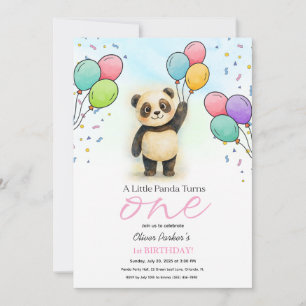 Roze ballon met knuffelende baby panda voor 1e ver kaart