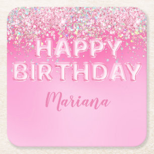 Roze ballon ombre verjaardagsfeestje vierkante kartonnen onderzetter