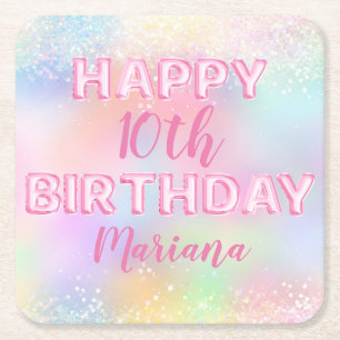 Roze Ballon Regenboog Verjaardagsfeest Vierkante Kartonnen Onderzetter