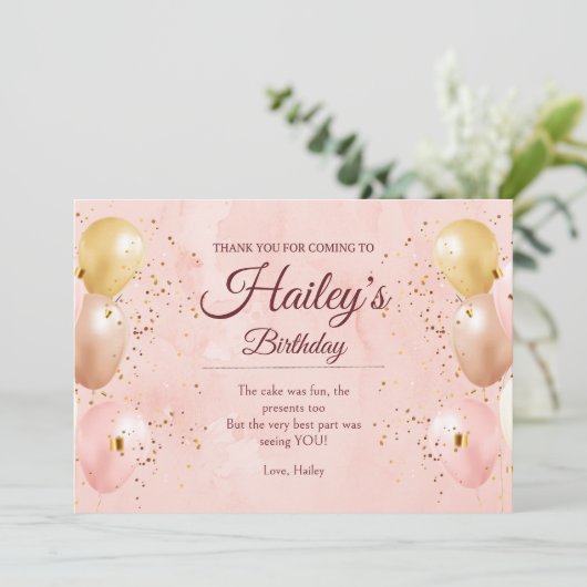 Roze ballon verjaardagsfeest bedankkaart (Staand voorkant)