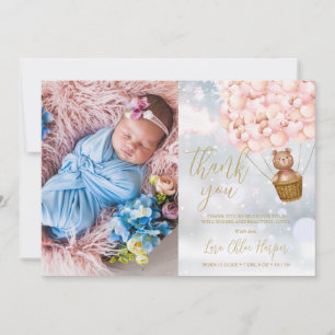 Roze Ballonnen Beer Winter Baby Foto Bedankkaart