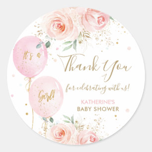 Roze Ballonnen Bloemen Baby shower Dank u Favor Ronde Sticker