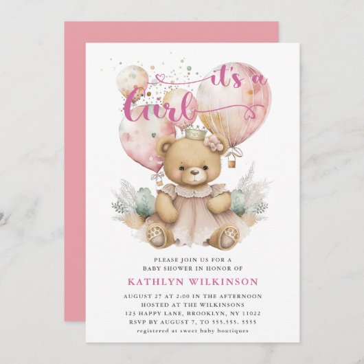 Roze ballonnen Teddy Bear Bloemen Meisje Baby show Kaart (Voorkant / Achterkant)