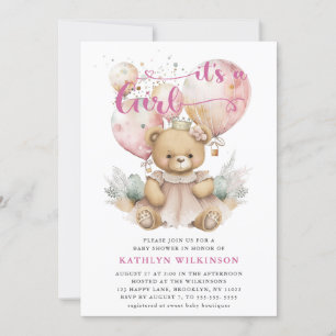 Roze ballonnen Teddy Bear Bloemen Meisje Baby show Kaart