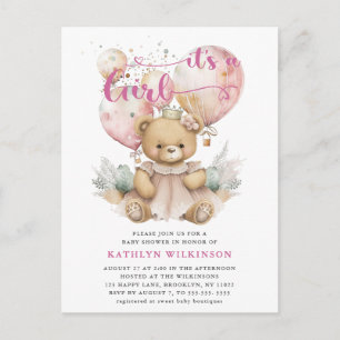 Roze ballonnen Teddy Bear Bloemen Meisje Baby show Uitnodiging Briefkaart