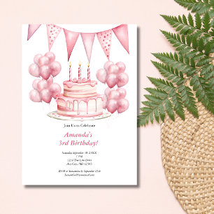 Roze Ballonnen Verjaardagstaart Banner Meisje 3e V Kaart