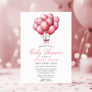 Roze Ballonnen Watercolor Meisje Baby Shower Kaart