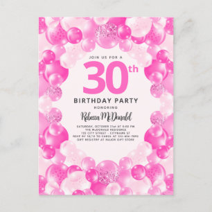 Roze Ballons Faux Glitter Plezier 30e Verjaardagsf Uitnodiging Briefkaart