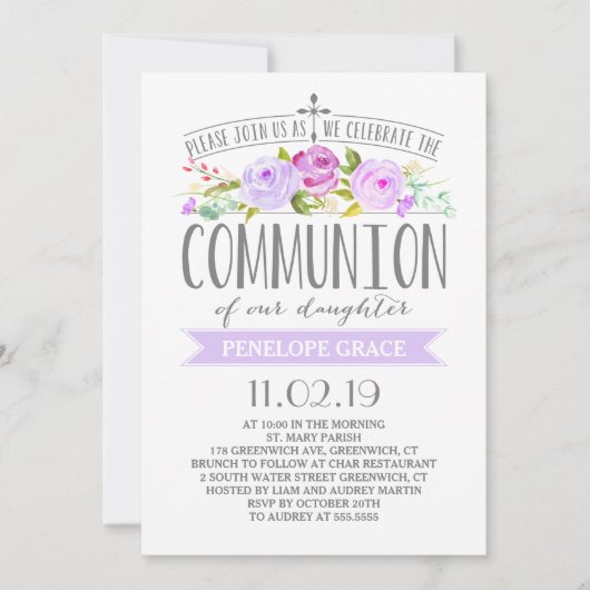 Roze Banner | Uitnodiging Meisje Communie | Paars (Voorkant)